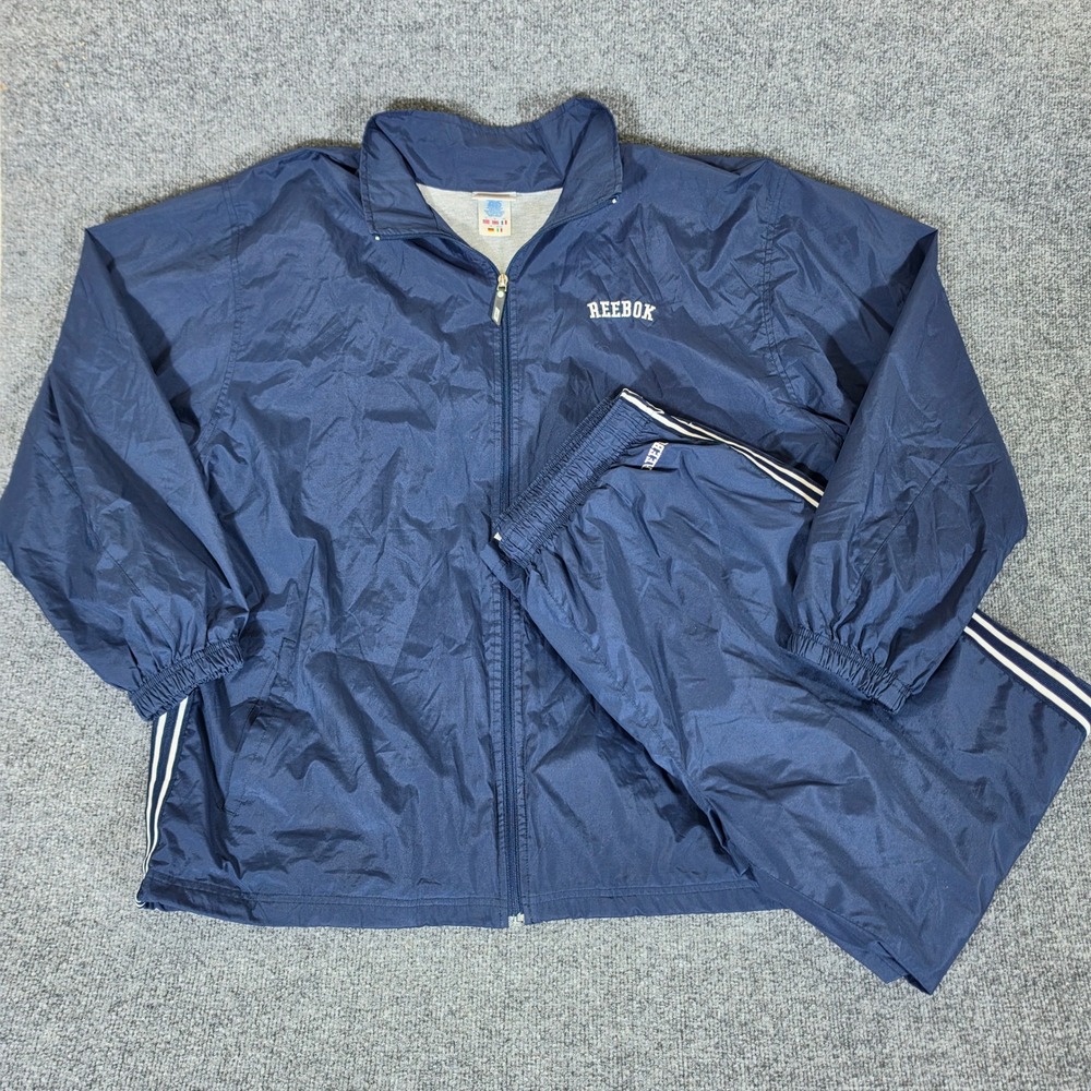 Y2K 2000s Reebok Mens Vintage Navy Blue Full Zip Windbreaker Tracksuit Set XL
